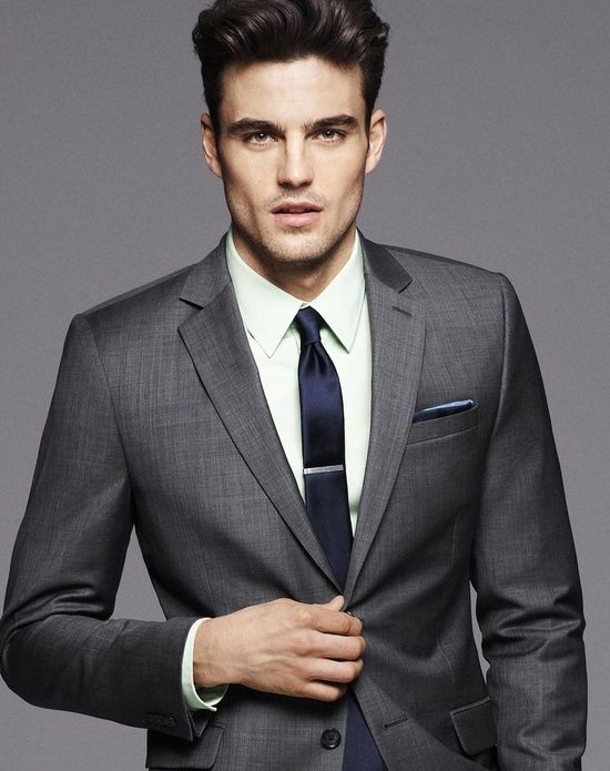 Grey suit, white shirt and blue tie color combination