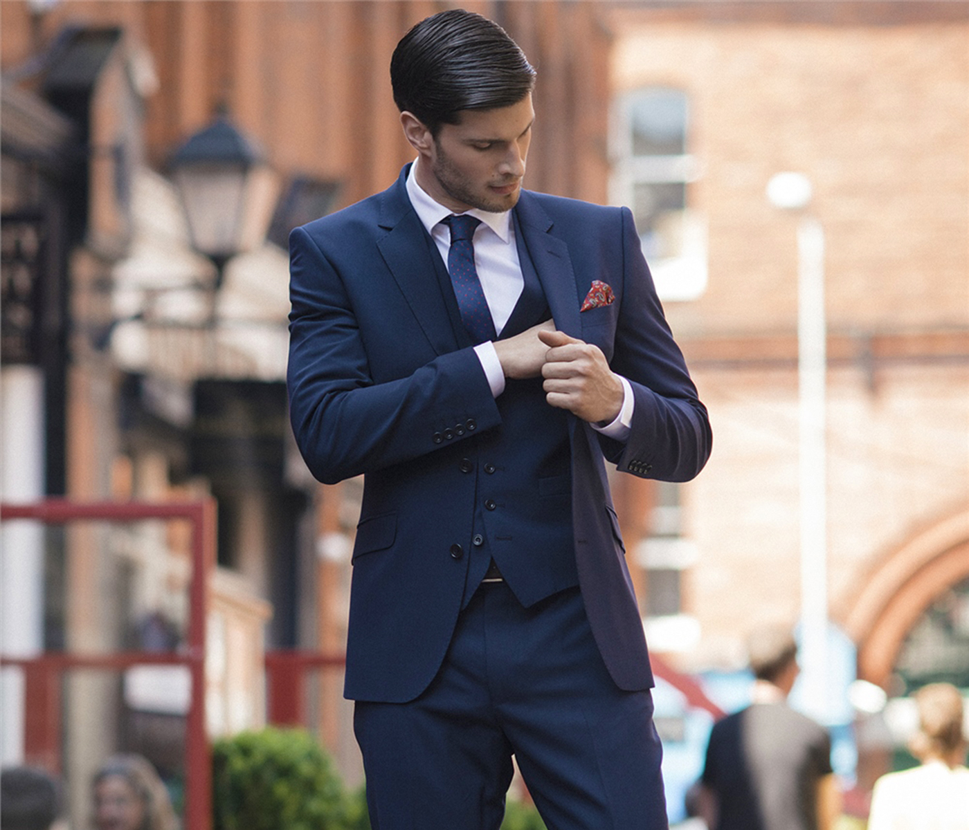 navy blue three-piece suit