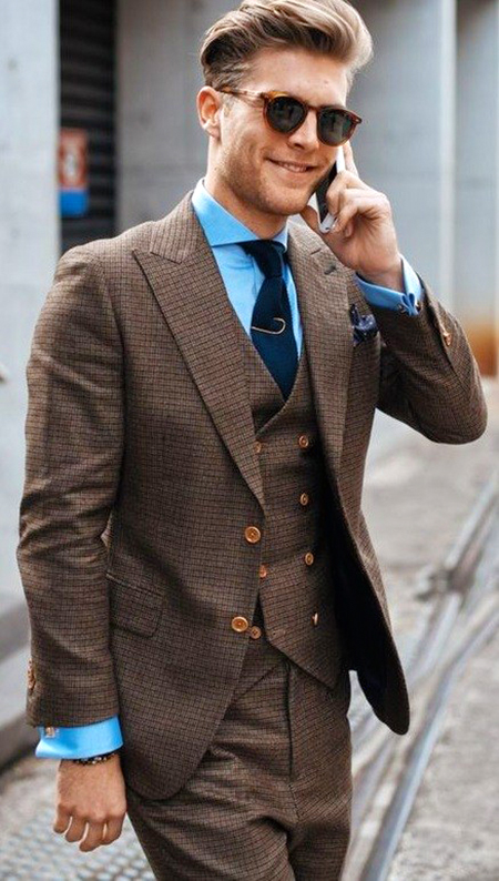 Brown suit, light blue shirt & navy tie color combination