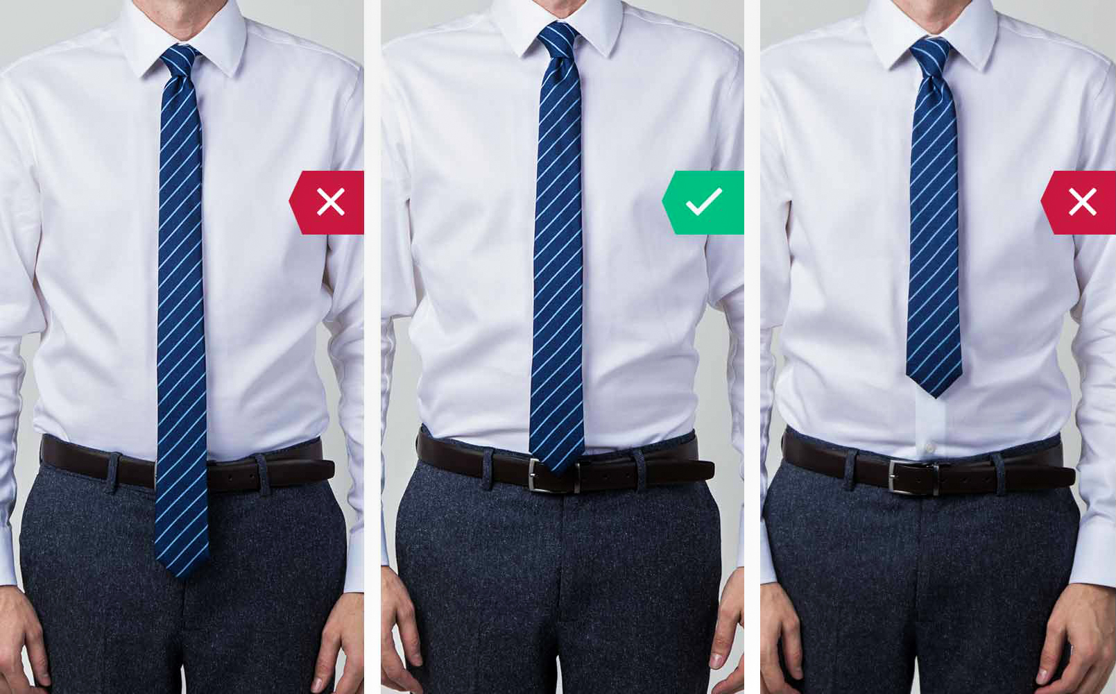 how to fit your tie's length: Wrong tie length vs. correct tie length