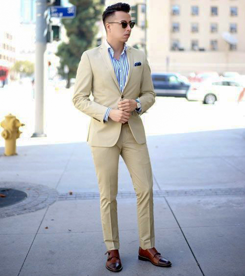 Beige suit with blue-stripes shirt and light brown shoes color combination
