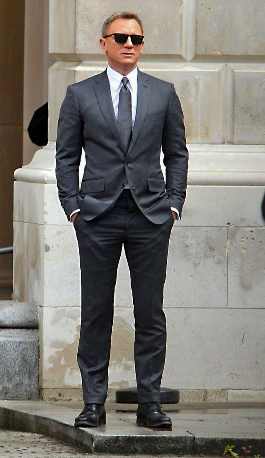 Dark grey (charcoal) suit, white shirt, grey tie and black shoes color combination