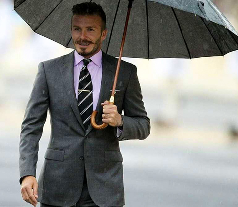 David Beckham wears charcoal grey wool suit