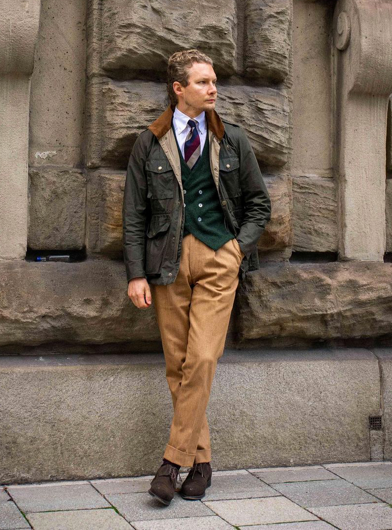 barn jacket, khaki pants, brown suede brogues