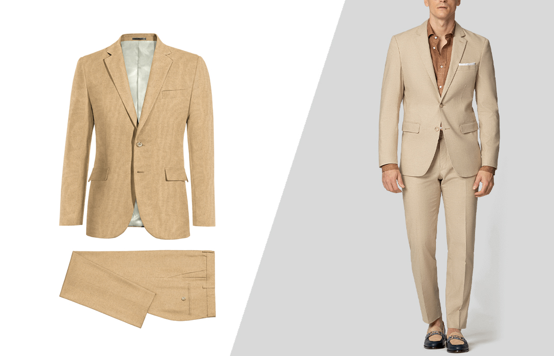 beige linen suit for resort wear