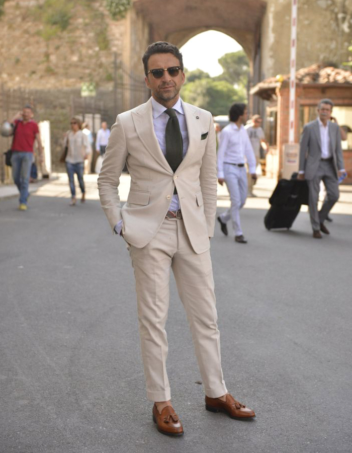 beige suit, white shirt, green tie, brown loafers color combination