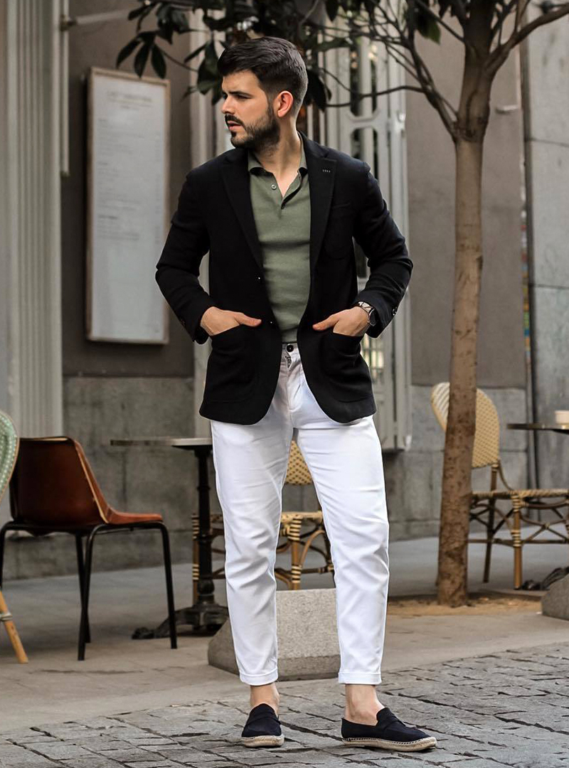 black blazer, olive polo, white chino pants, and black espadrilles