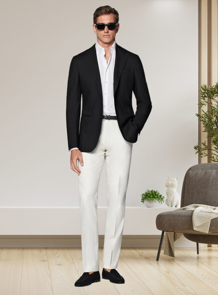 black blazer, white dress shirt, off-white dress pants, and black suede laofers