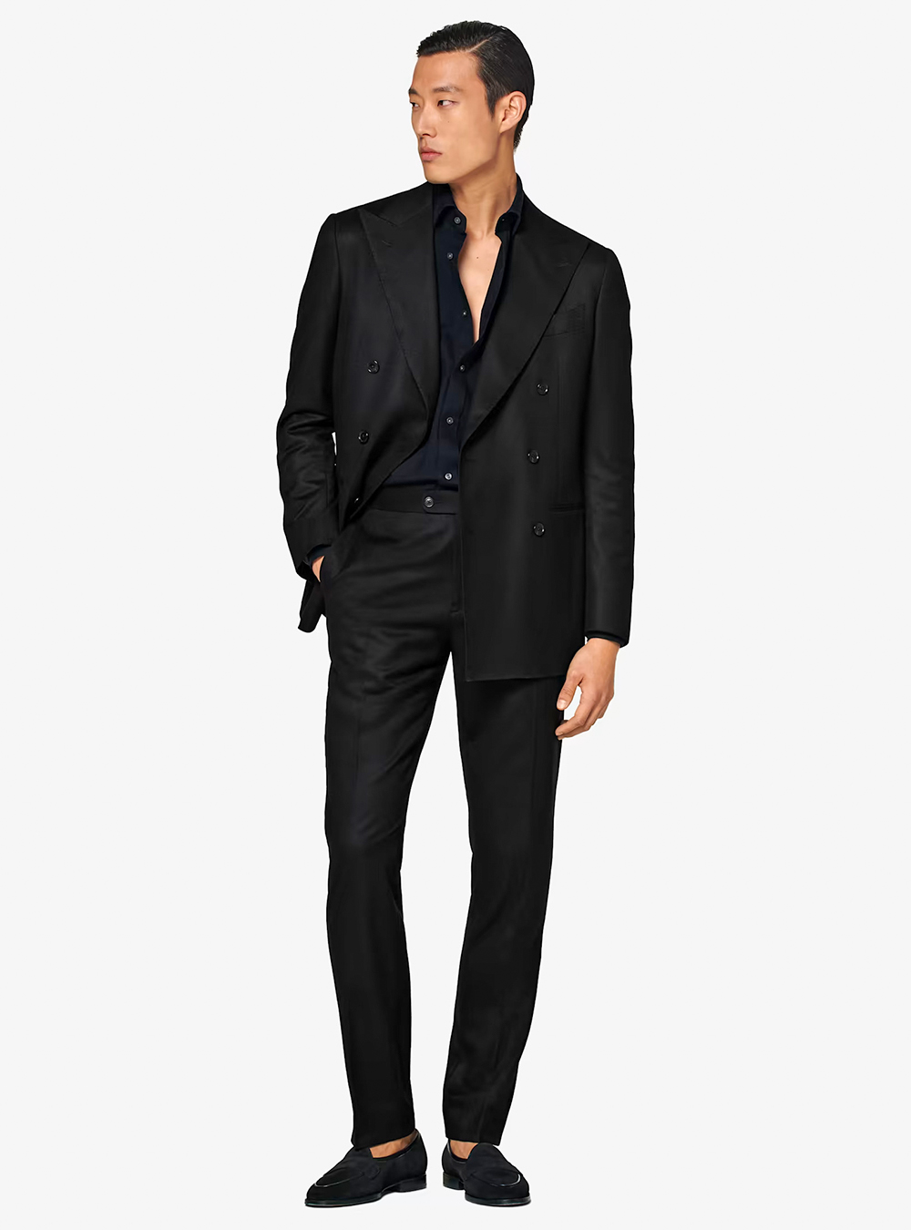 Black double-breasted suit, black dress shirt and black loafers