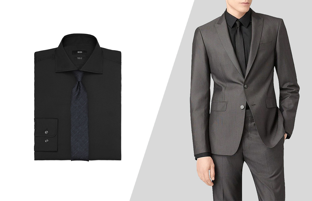 black dress shirt with a grey suit and a black tie