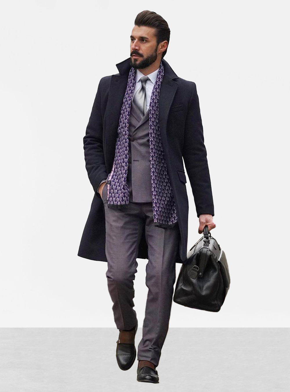 black overcoat, grey suit, and purple plaid scarf