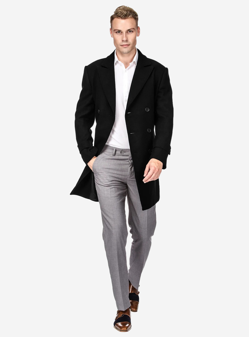 black peacoat, white shirt, and grey pants