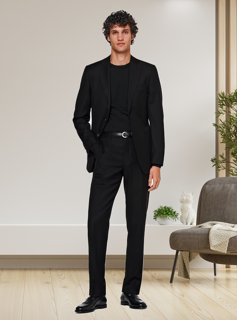 black suit, black crew-neck t-shirt, and black loafers