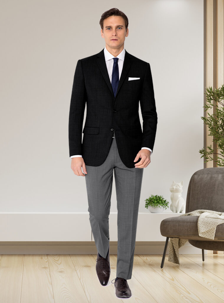 black blazer, white shirt, and grey pants