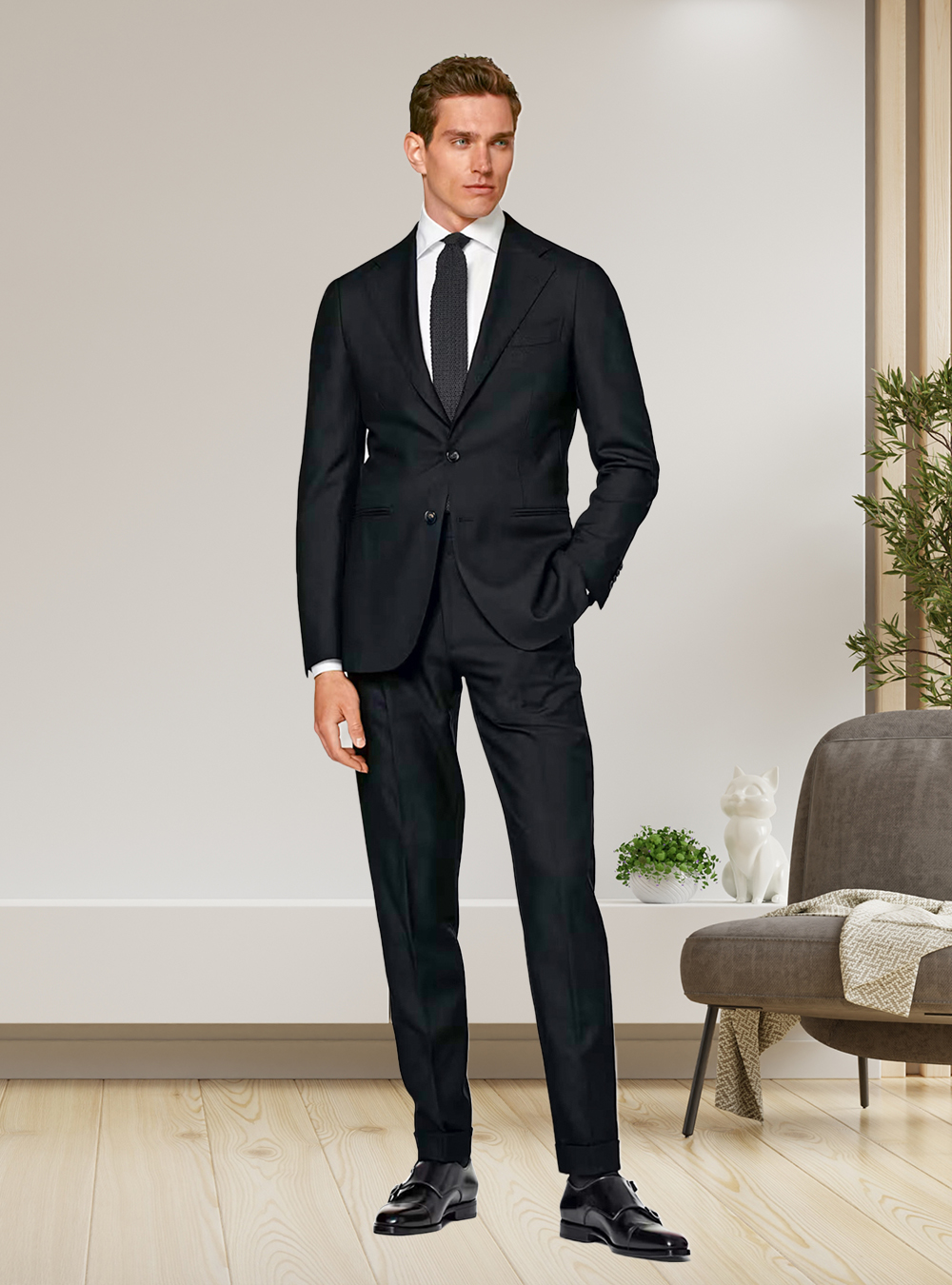 Black suit, white dress shirt and black monk strap shoes