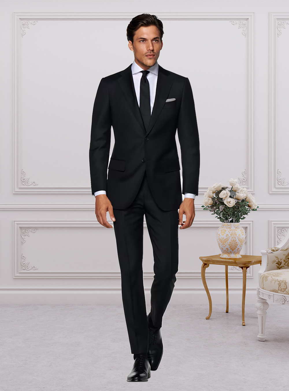 black suit. white dress shirt, black tie, and black Oxford shoes