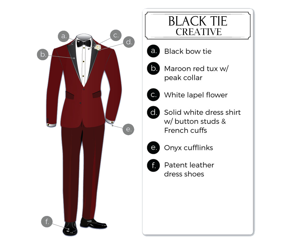 Burgundy tuxedo for black-tie creative events