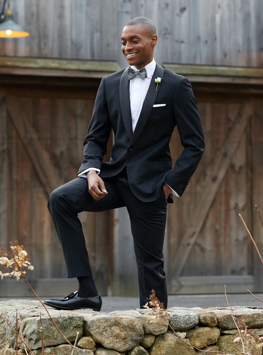 black tuxedo with black socks and black loafers