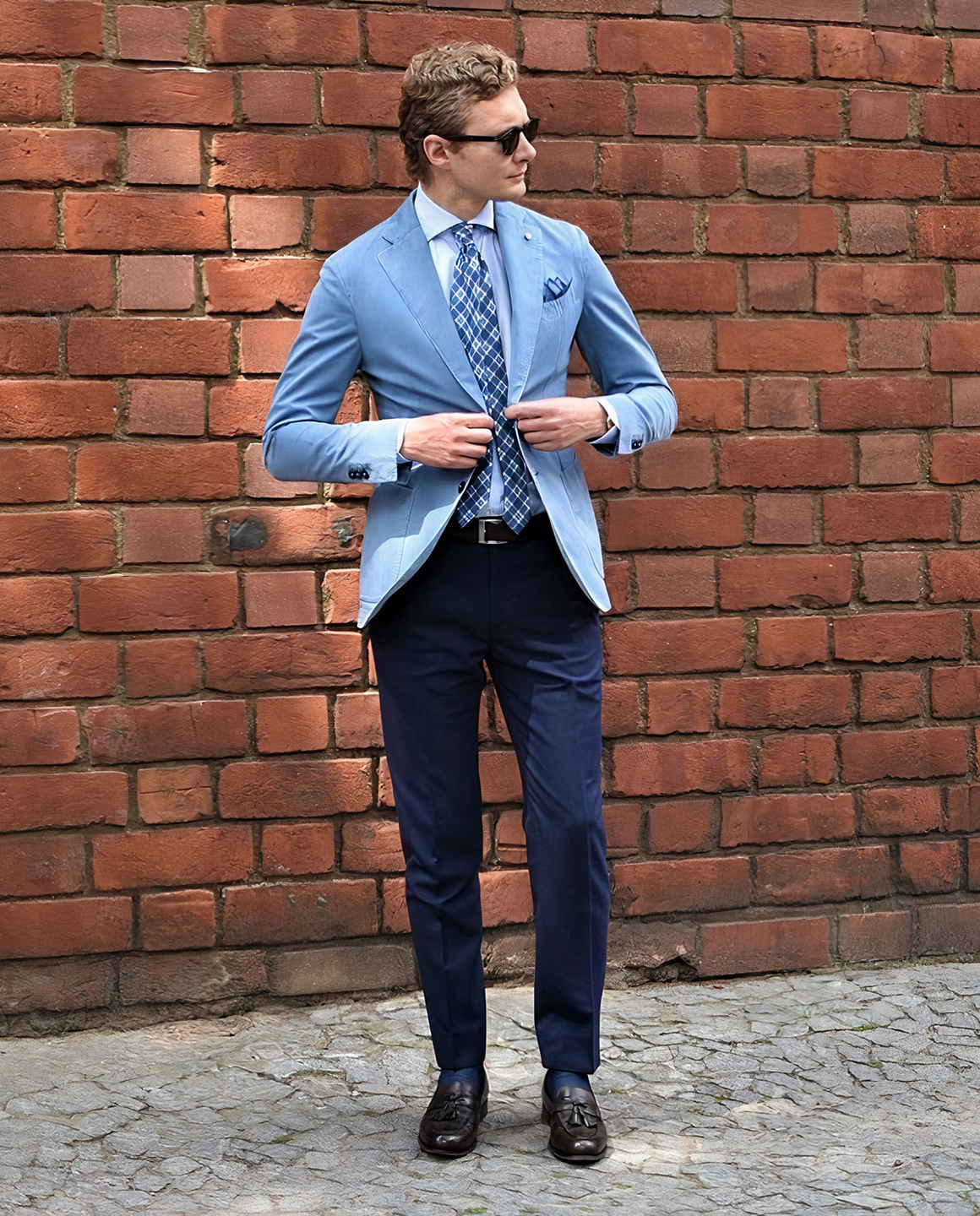 Blue blazer, light blue shirt, navy trousers, and brown loafers