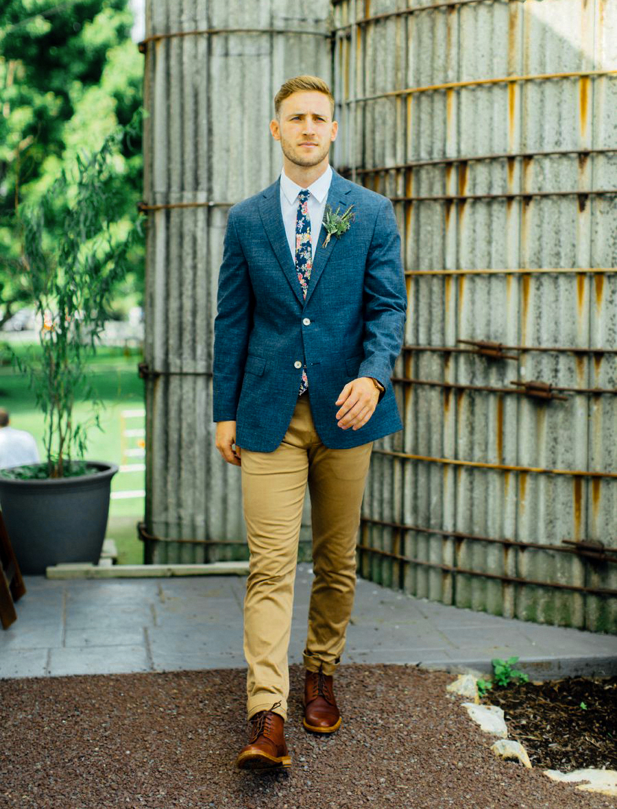 Blue blazer, khaki trousers with white shirt and floral tie