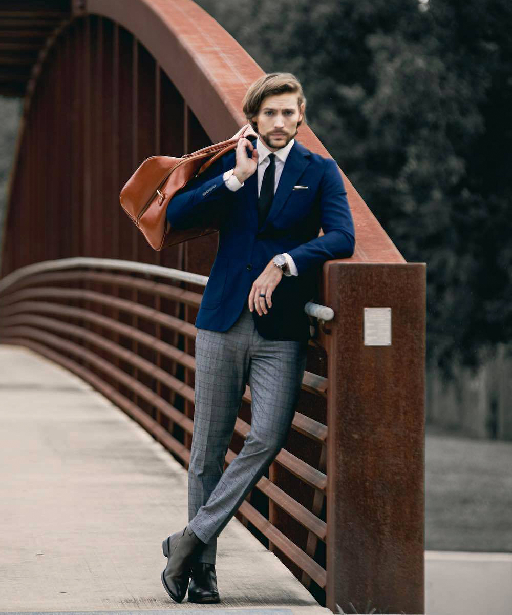 blue blazer, white shirt, grey dress pants, and black Chelsea boots