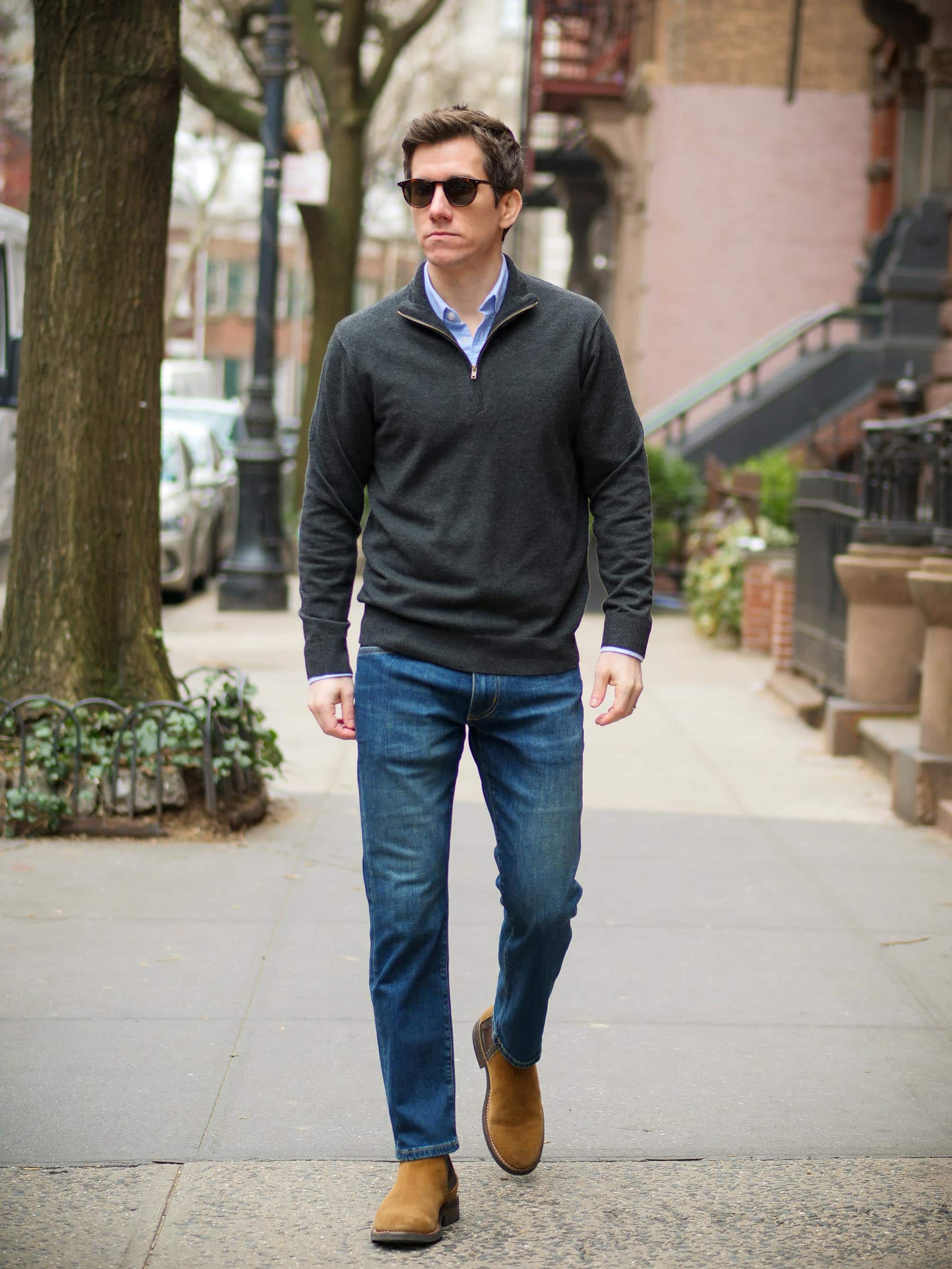 blue jeans and shirt with light brown boots for a first-date outfit
