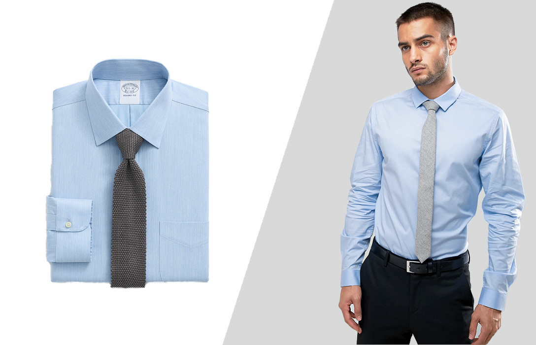 blue shirt and grey tie