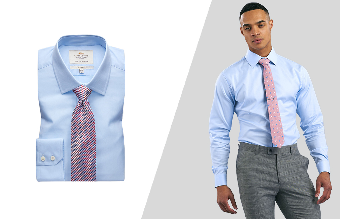 blue shirt and pink tie