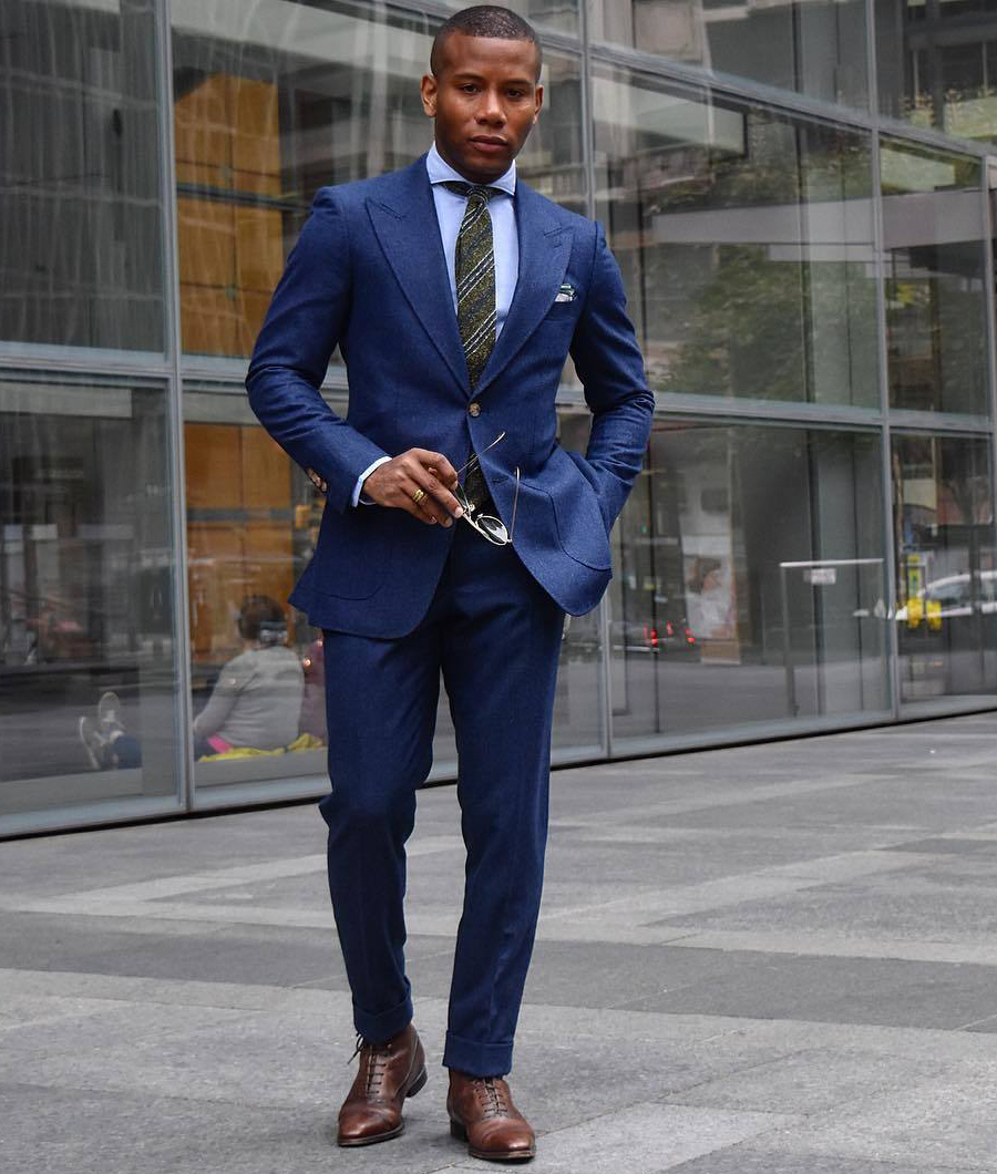 blue suit, blue shirt, green tie and brown oxford dress boots