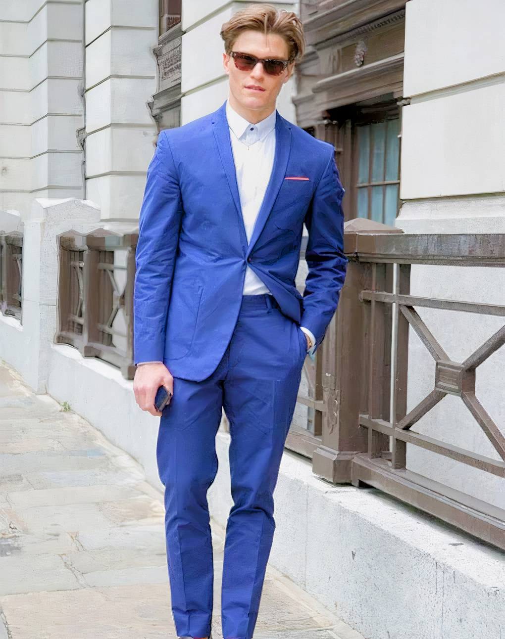 blue suit and white shirt without tie