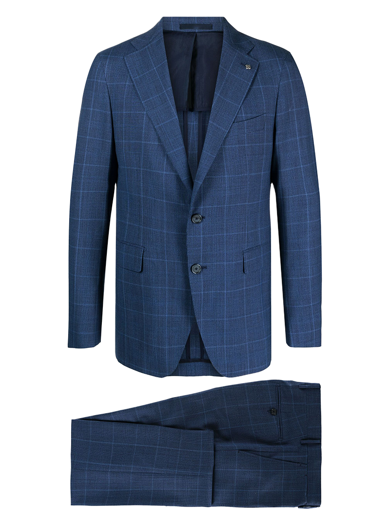 blue two piece windowpane suit