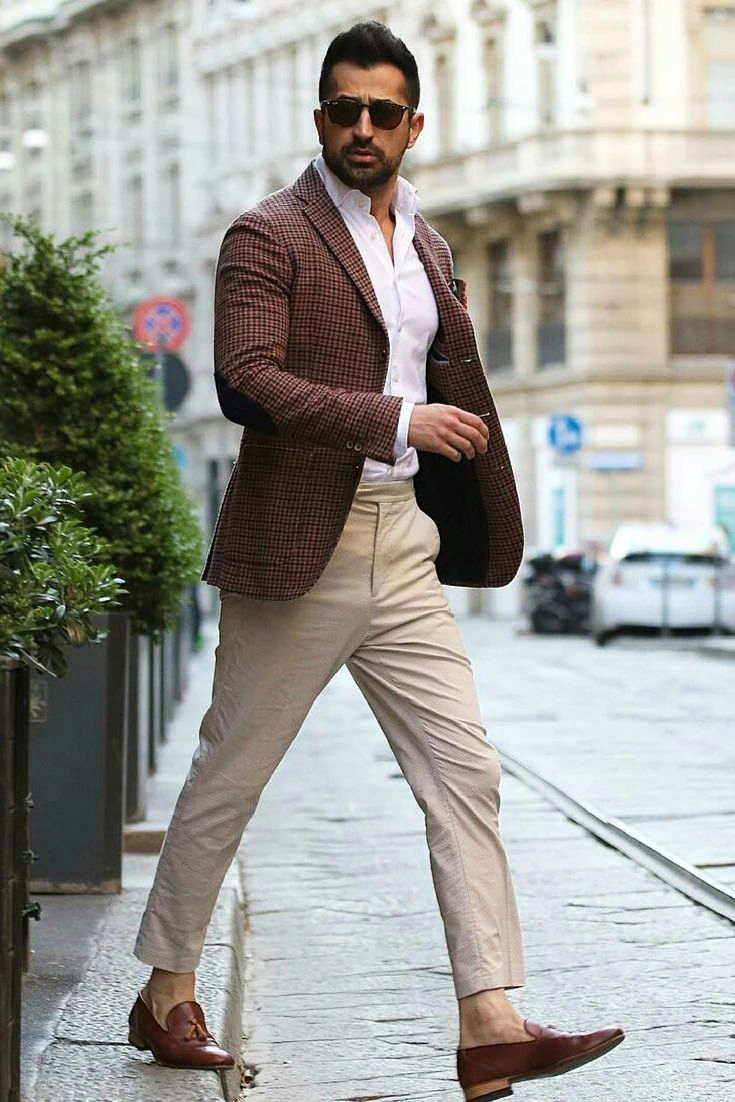 brown striped tweed blazer, tan chinos, and grey loafers