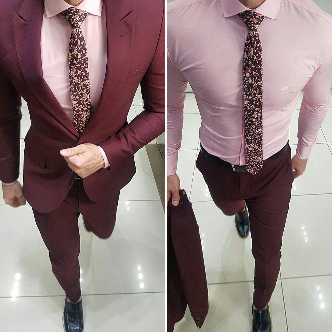 matching pink shirt, floral tie, and red/burgundy suit