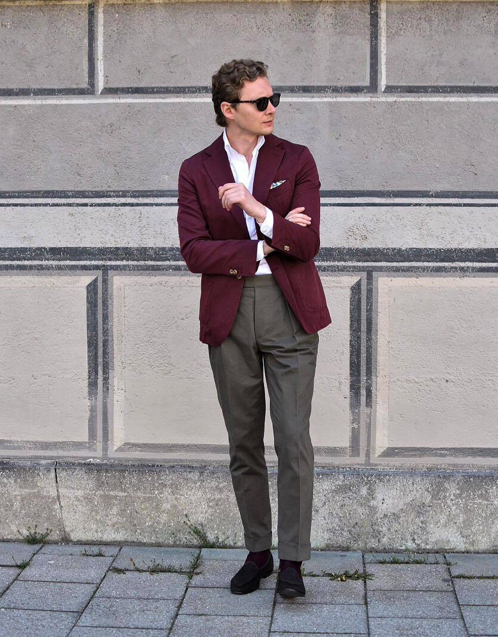 Burgundy blazer, white shirt, grey trousers, and black loafers