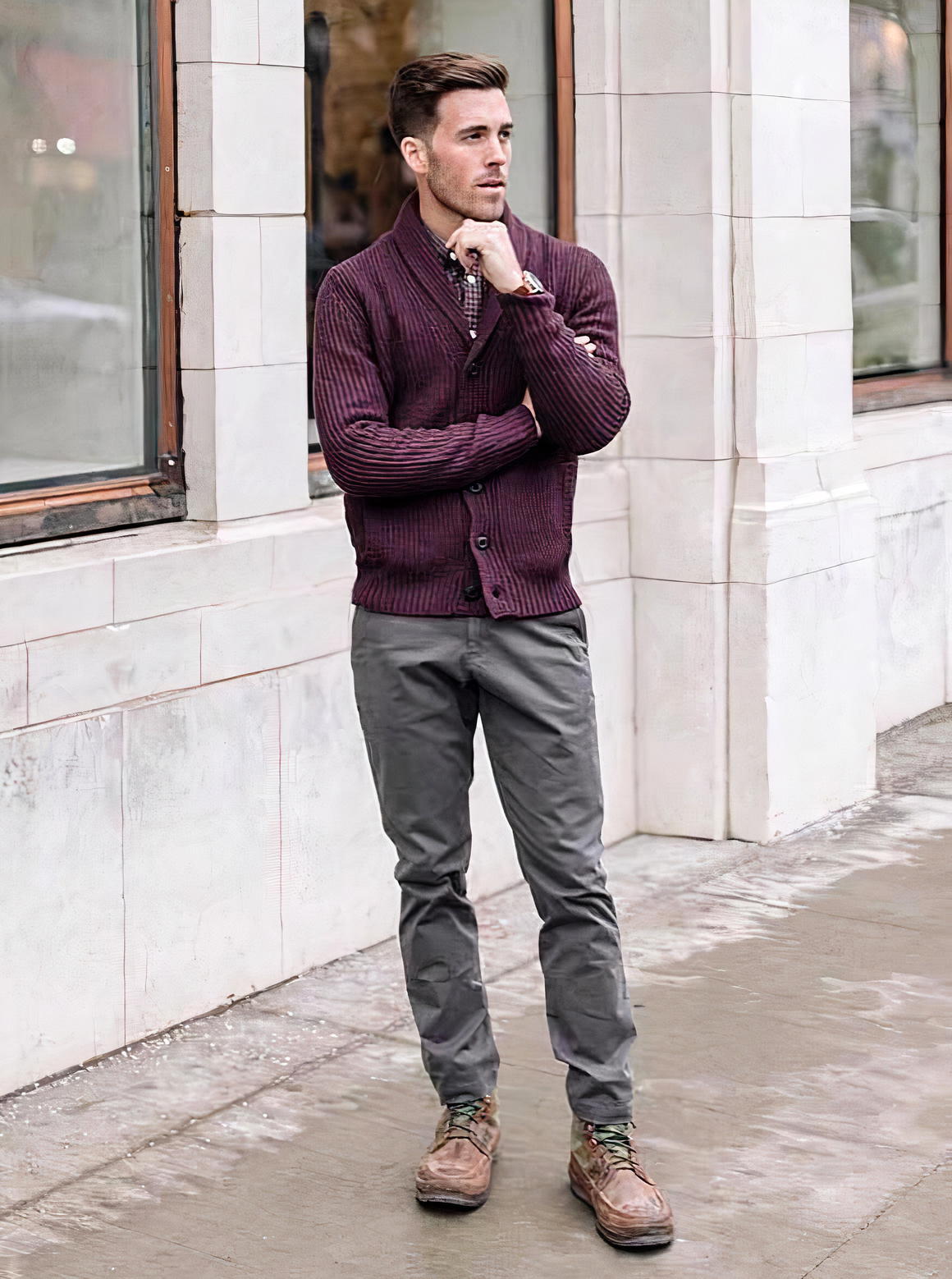 Burgundy cardigan sweater with a red gingham shirt