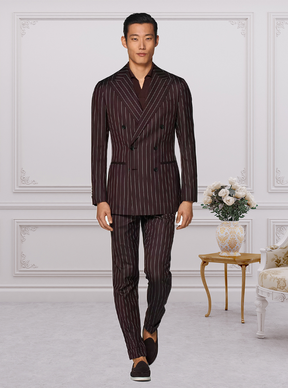 burgundy double-breasted suit and polo T-shirt