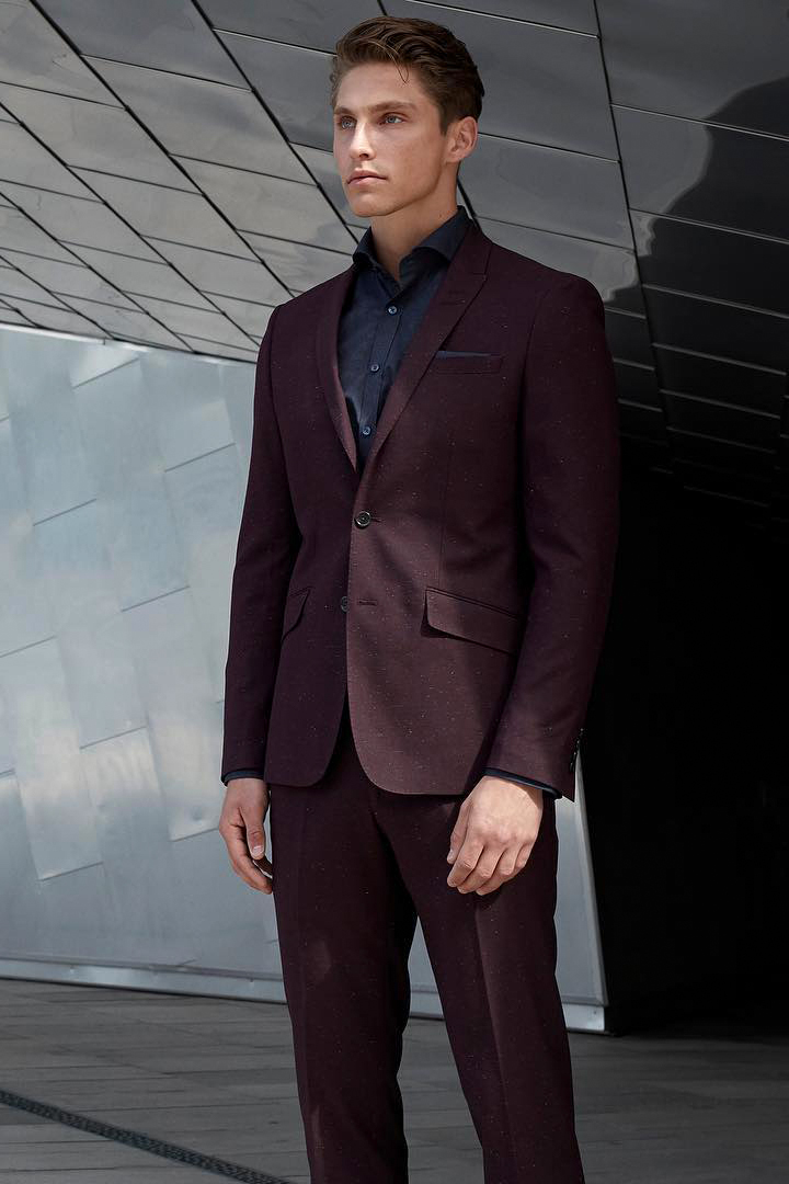 ASOS DESIGN wedding skinny wool mix suit jacket in burgundy herringbone |  ASOS