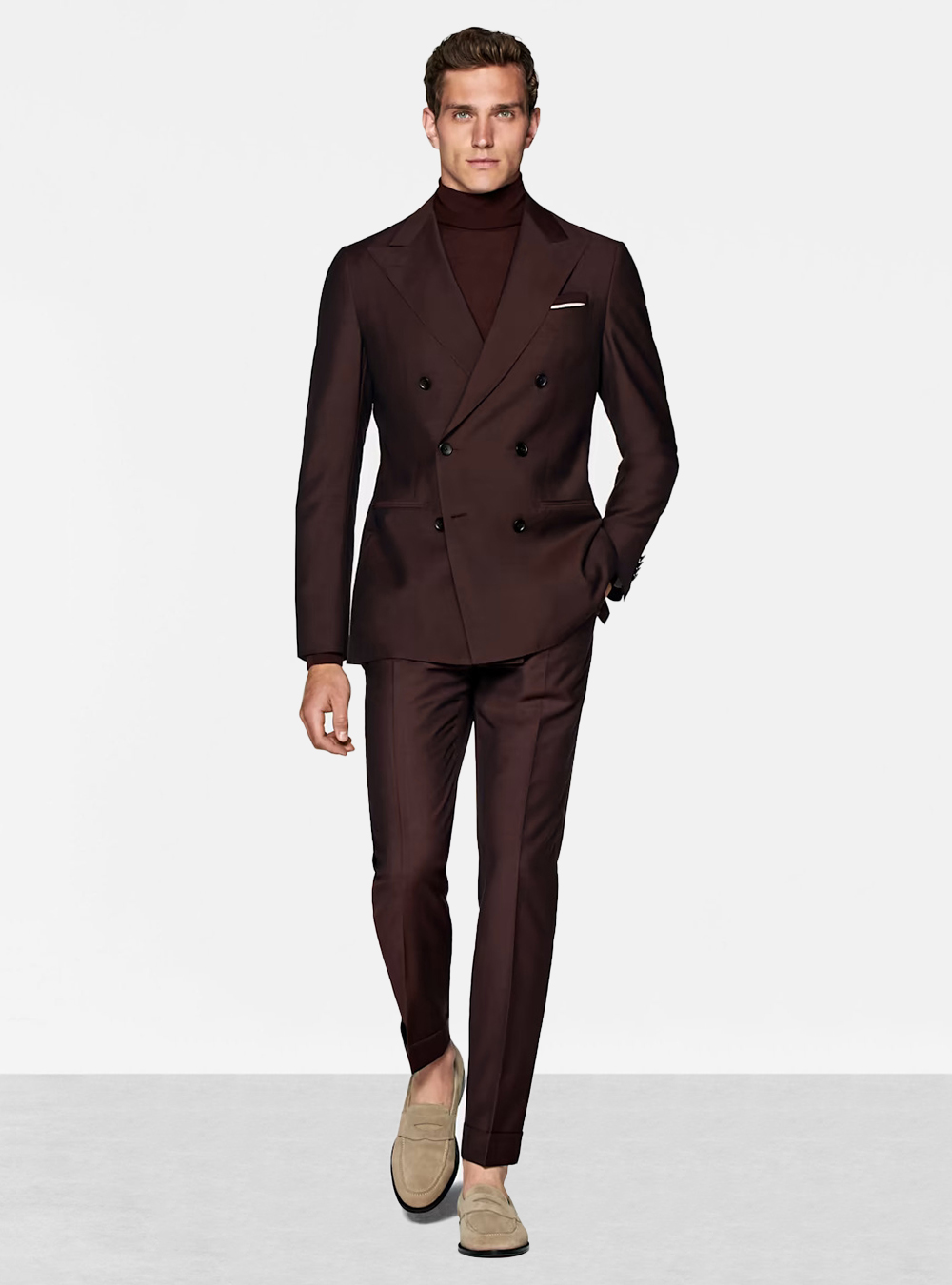 burgundy suit, burgundy turtleneck, and tan suede loafers