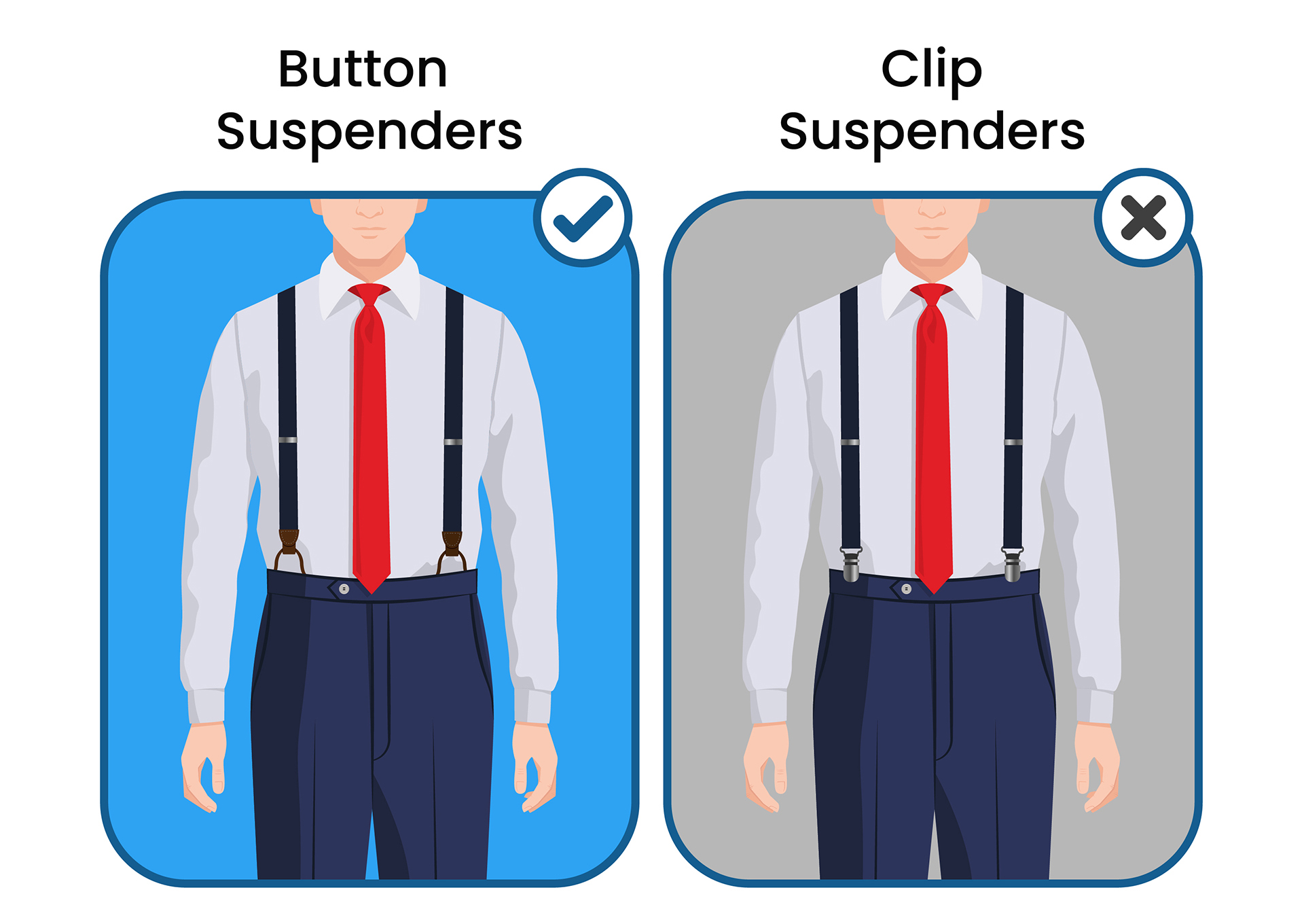 Button suspenders vs. clip-on suspenders