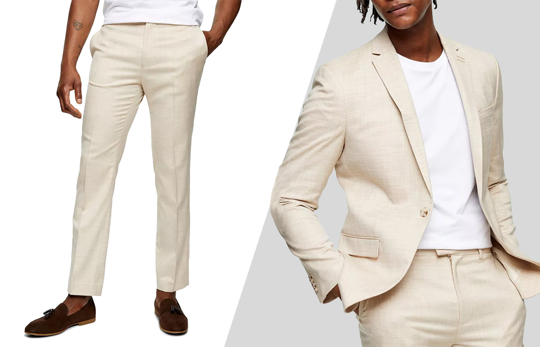 casual summer wedding attire: tan suit with white-shirt and brown loafers