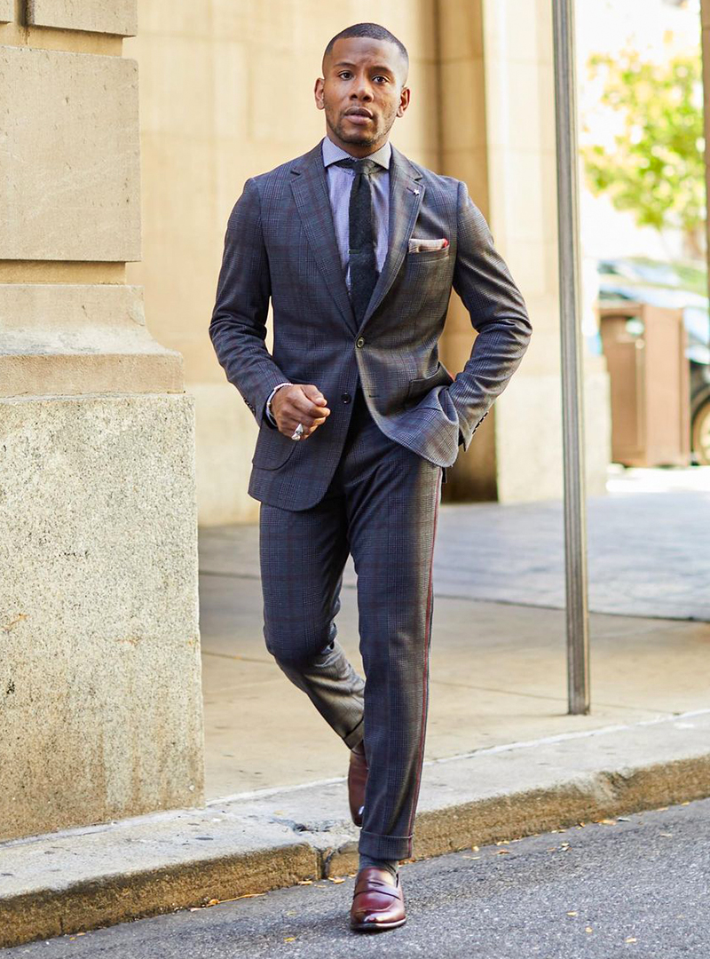 Charcoal plaid suit, violet check dress shirt, charcoal tie and burgundy leather loafers