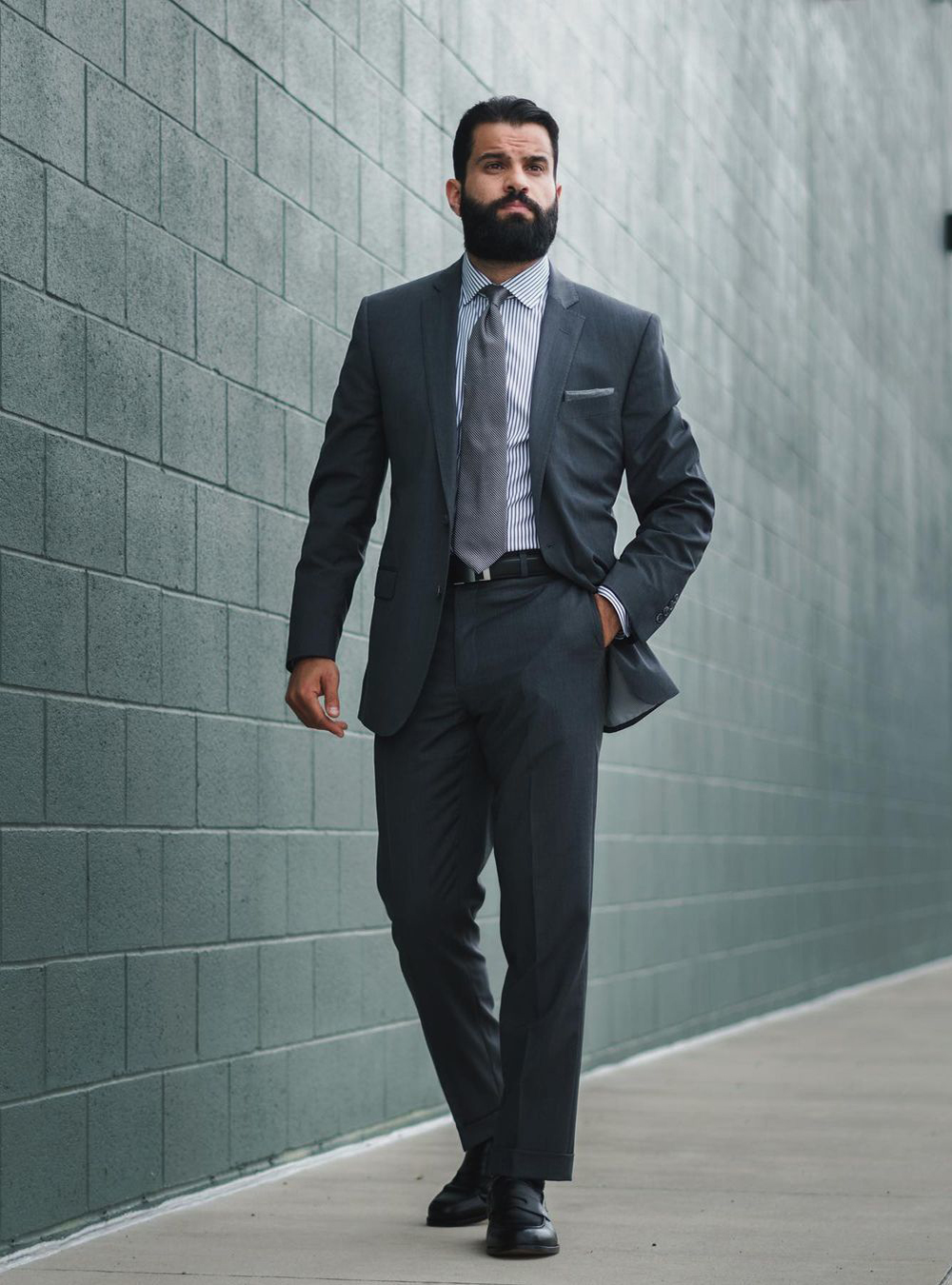 Charcoal suit with black loafers and black socks