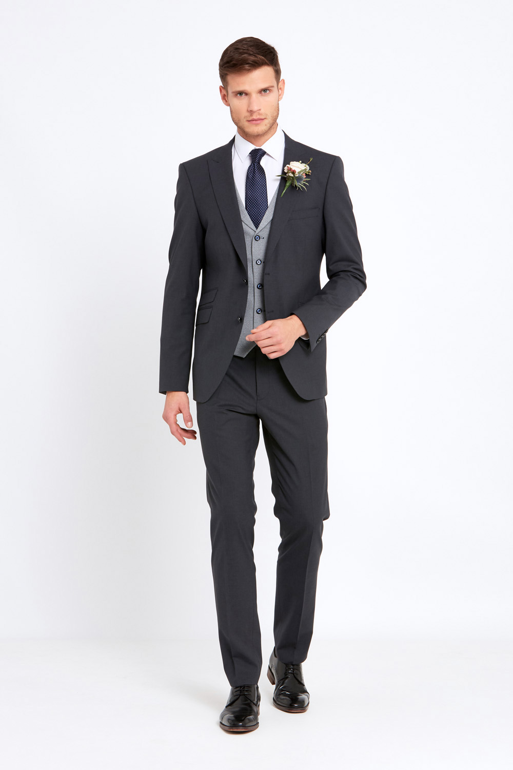 three-piece charcoal suit with black derby wedding shoes