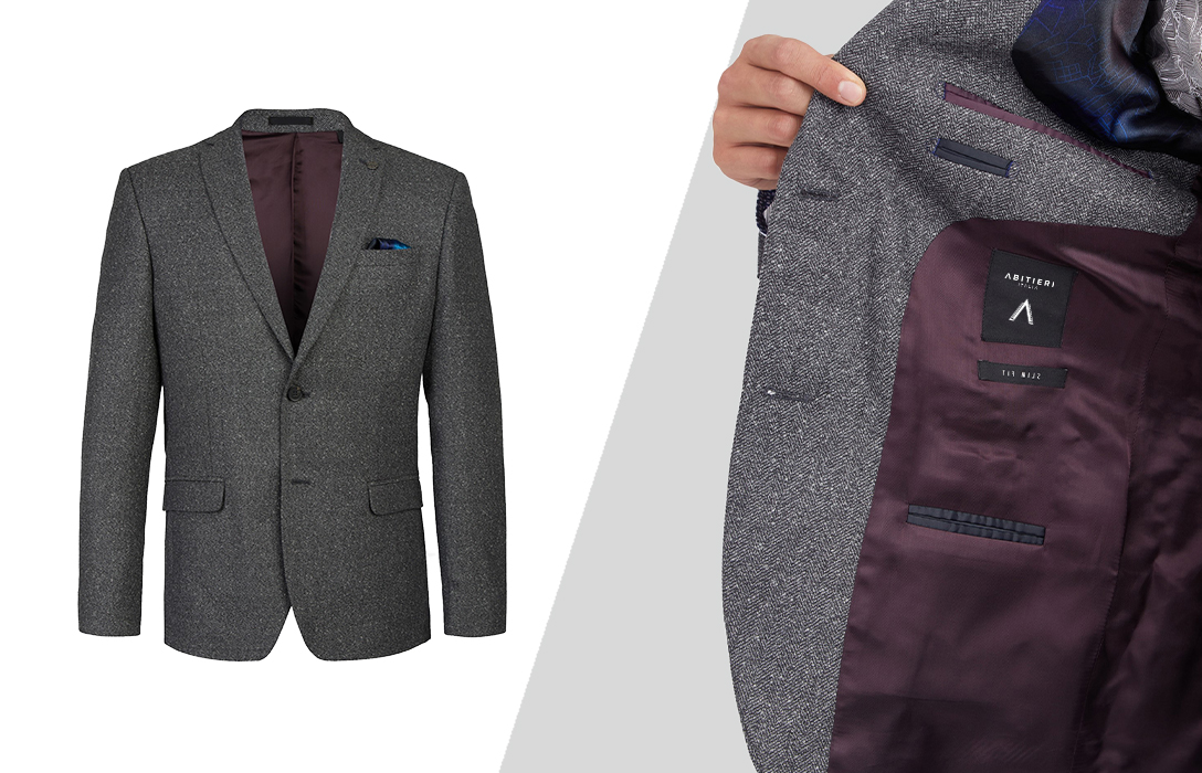 contrasting burgundy suit jacket lining and grey outer fabric