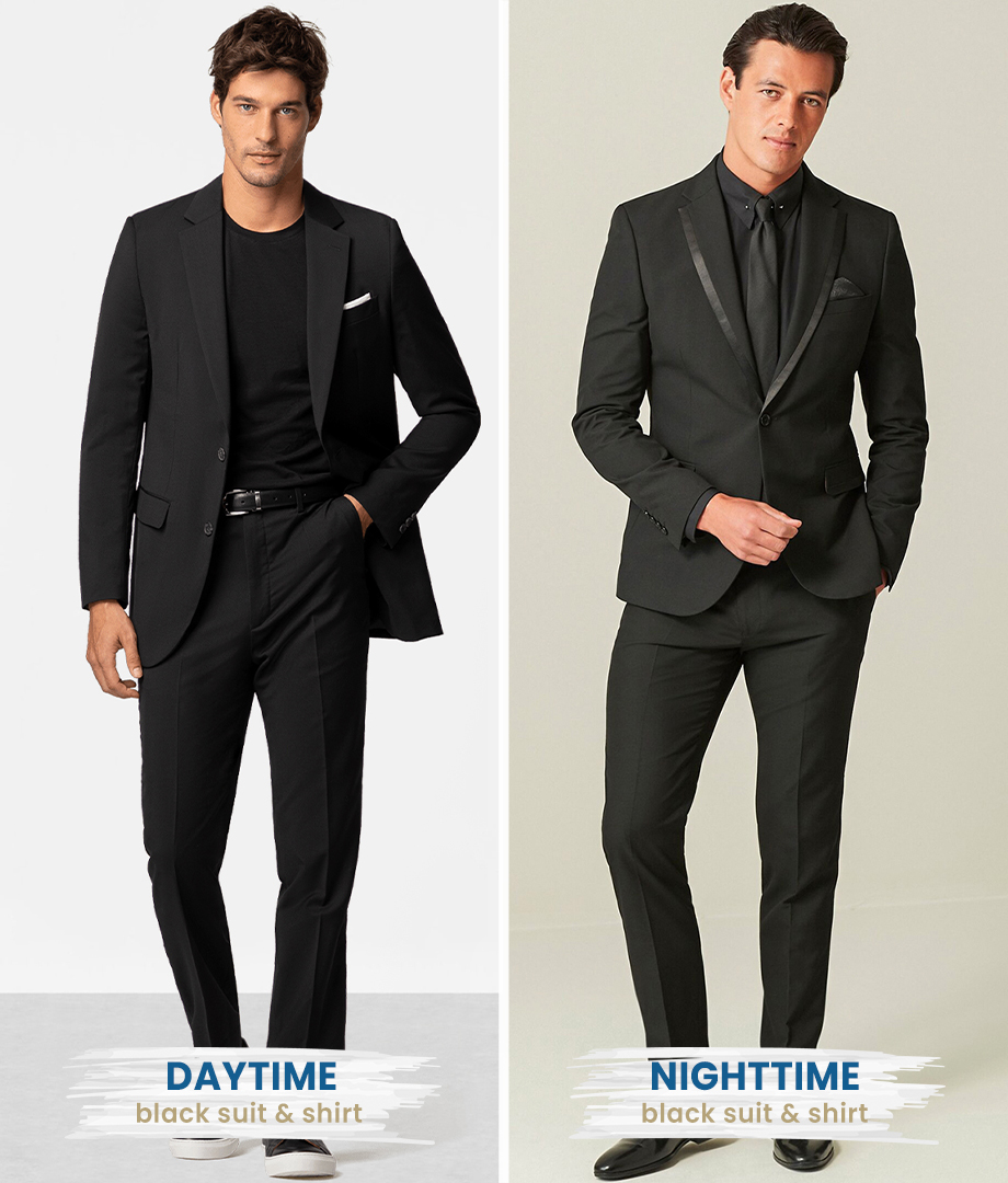 Daytime vs nighttime wearing black suit with black shirt