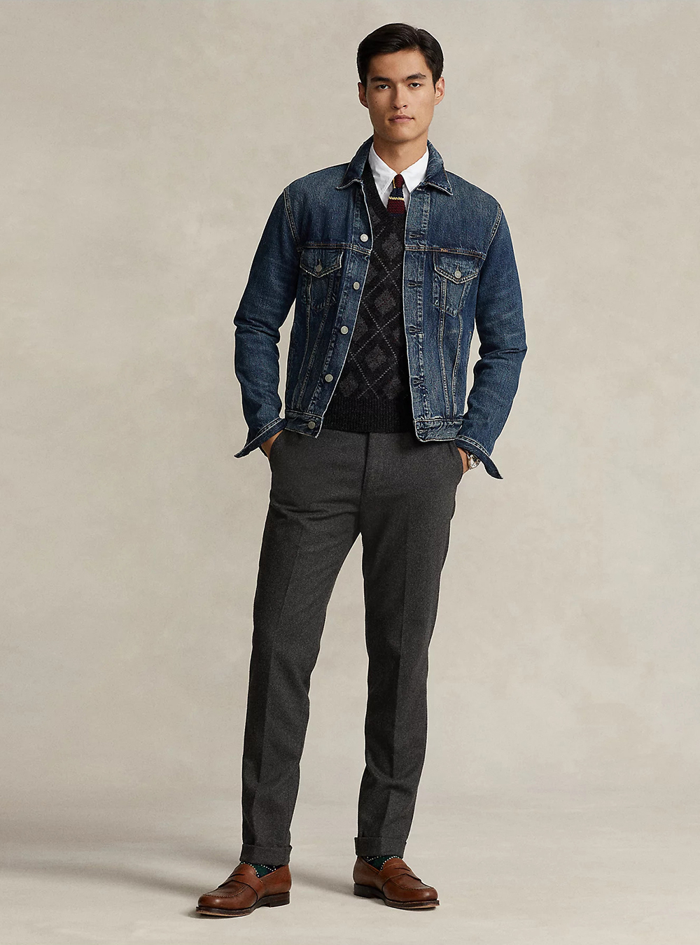denim jacket, charcoal jumper, white shirt, and brown loafers