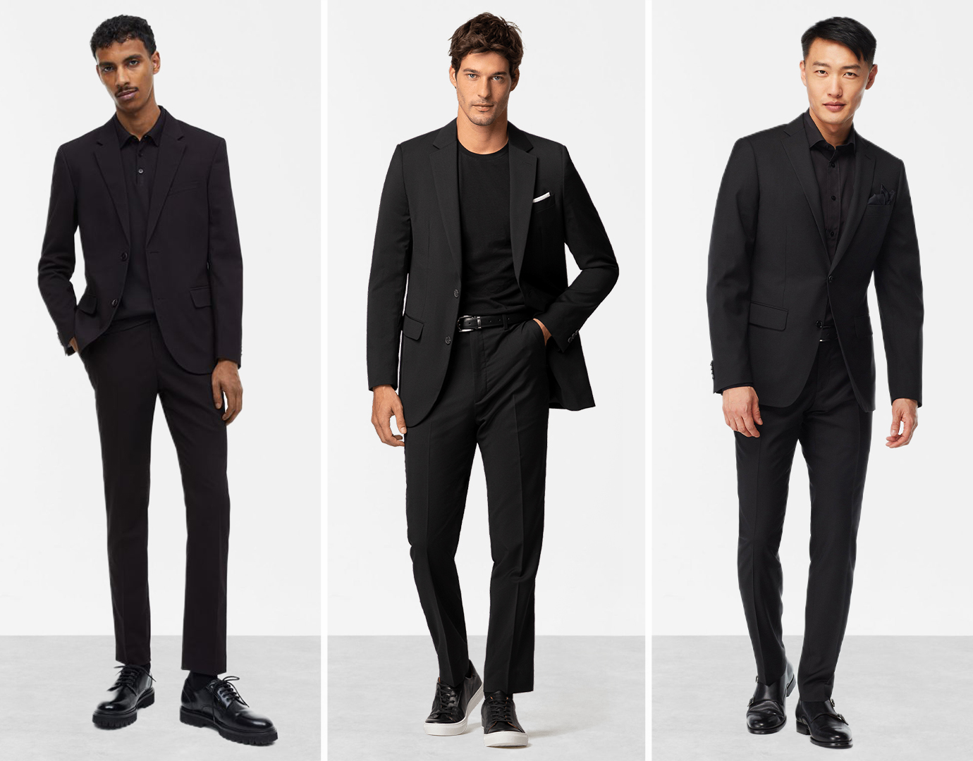 Different skin tone men wearing black suit and black shirt