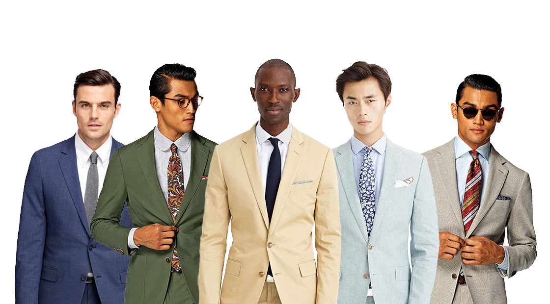 different suit, shirt, and tie color combinations vs. skin tone color