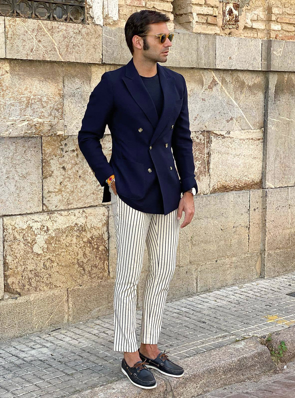 striped white chinos and double-breasted navy blazer