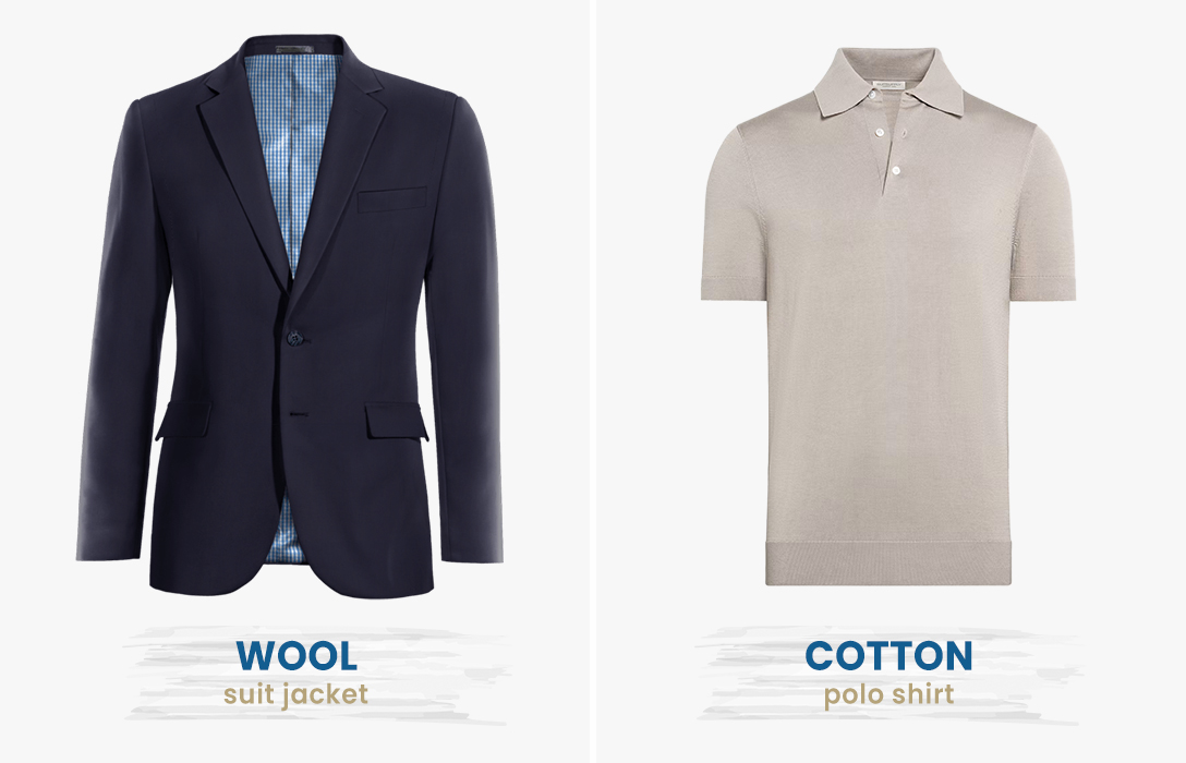 wool suit and cotton polo shirt fabrics